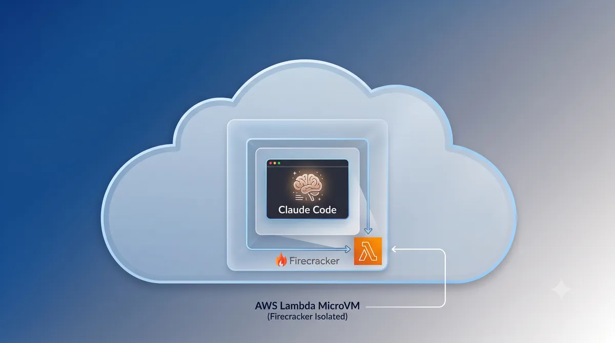 A glassy cloud on a blue gradient holding nested rounded-square isolation layers around a terminal window labelled 'Claude Code' with a brain glyph, a Firecracker flame, and an orange AWS Lambda lambda icon, captioned 'AWS Lambda MicroVM (Firecracker Isolated)'.